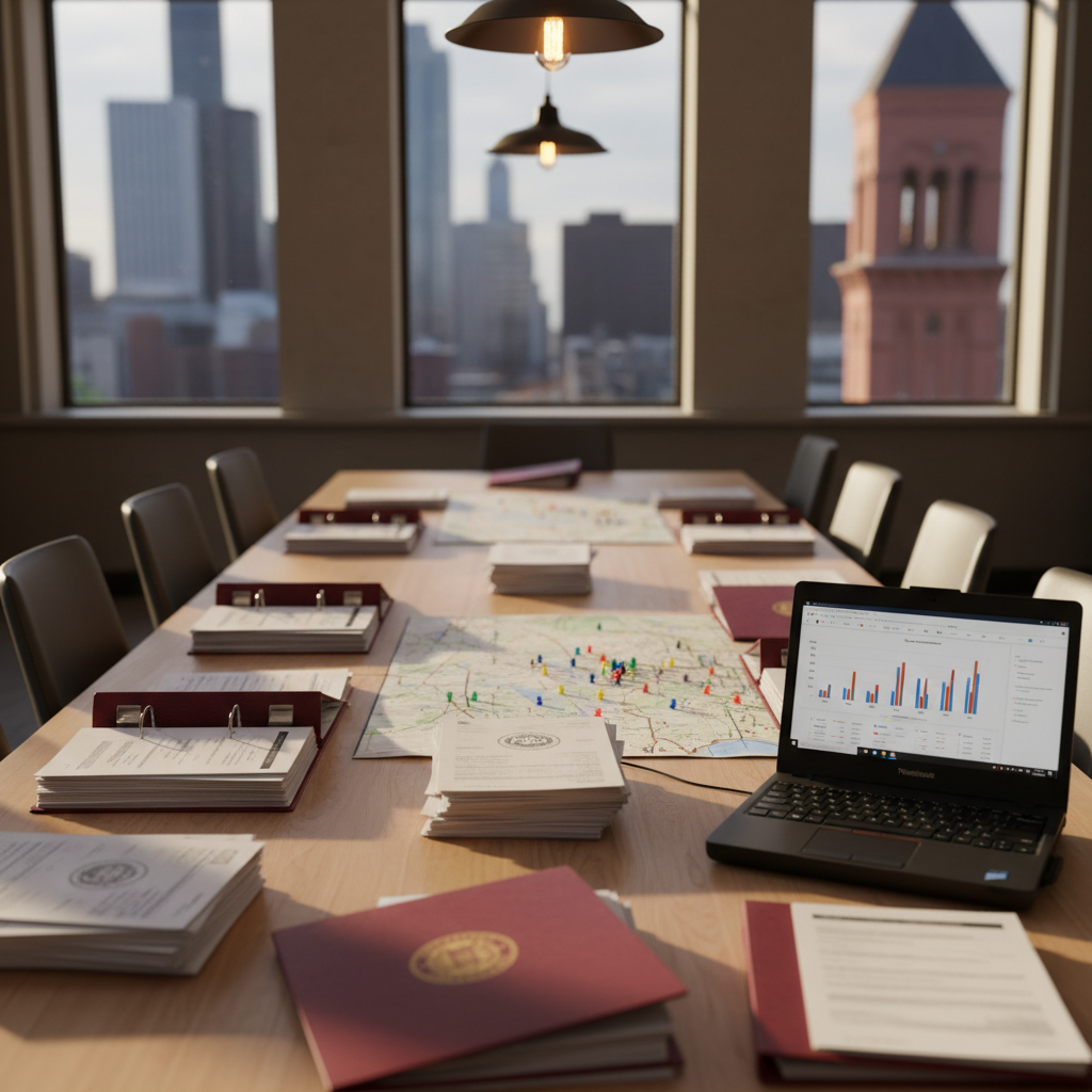 A long, light-wood conference table in a Chicago fire department headquarters, covered with open budget binders, neatly stacked grant applications, a rugged laptop displaying bar charts, and a detailed map of city districts with colored pins. Beyond the table, large windows reveal an out-of-focus hint of the Chicago skyline and a nearby firehouse tower. Soft afternoon daylight streams in, complemented by warm overhead pendants that cast gentle, elongated shadows across the paperwork. Photographic realism from a slightly elevated angle, with a shallow depth of field that keeps the central documents crisp. The mood is serious yet collaborative, underscoring financial planning, grant strategy, and resource allocation in urban fire service management.