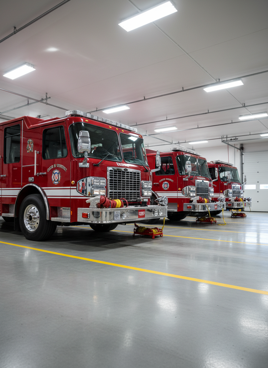 A row of gleaming, modern fire engines in Chicago livery, tightly parked inside a spotless apparatus bay, emphasizing their front grills, hose connections, and polished chrome hardware. The bay’s smooth concrete floor reflects the vehicles alongside yellow safety striping and neatly coiled supply lines. Overhead, industrial LED lighting creates even, bright illumination, producing crisp highlights along the trucks’ red paint and subtle shadows beneath the wheels. Shot from a slightly low angle in photographic realism to convey scale and readiness, with sharp depth throughout. The atmosphere is orderly and professional, suggesting disciplined fleet management, capital investment, and careful stewardship of department equipment and budgets in a major city department.