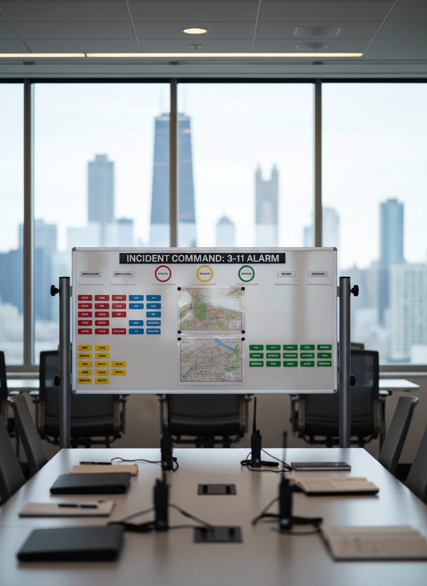 A meticulously organized firefighter incident command board made of glossy white metal, covered with color-coded magnetic tags, status indicators, and neatly arranged map overlays of a Chicago neighborhood. The board stands on sturdy metal legs in a modern fire station conference room, with Chicago skyline silhouettes faintly visible through large windows. Cool daylight from the windows combines with recessed ceiling lights, creating a clean, professional glow and soft reflections on the board’s surface. Photographic realism at eye level, with sharp focus on the board and a subtle bokeh on surrounding chairs, laptops, and radios. The mood is analytical and focused, emphasizing strategic management and decision-making in a contemporary urban fire service environment.